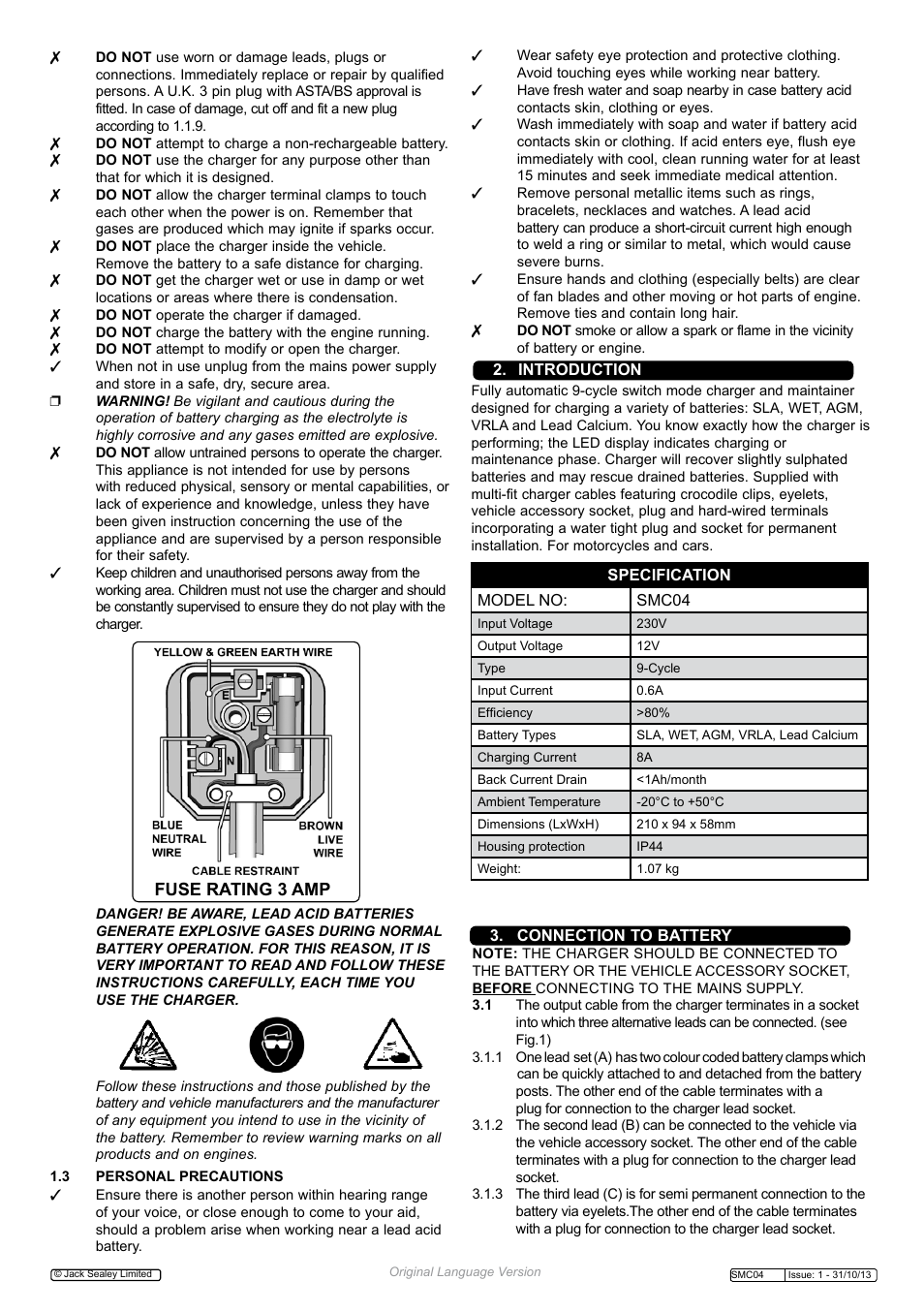 Fuse rating 3 amp | Sealey SMC04 User Manual | Page 2 / 4