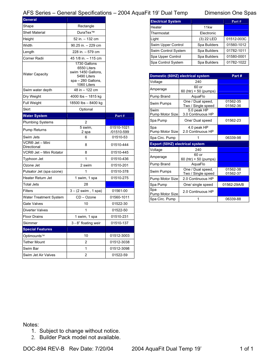 Dimension One Spas AFS Series User Manual | 1 page