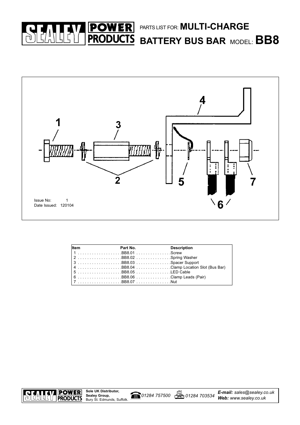 Multi-charge battery bus bar, Model | Sealey BB8 User Manual | Page 2 / 2