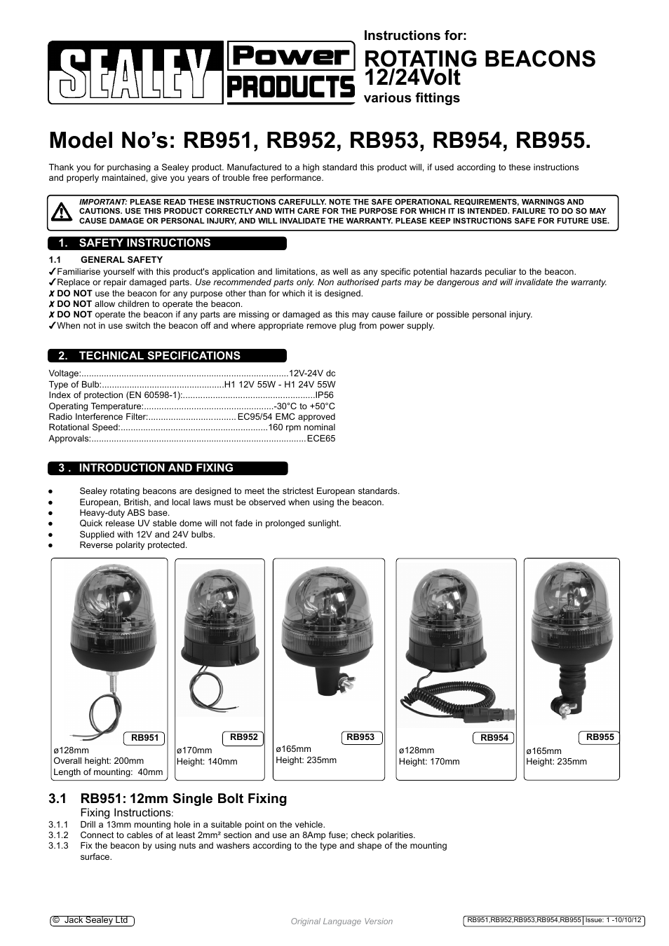 Sealey RB951 User Manual | 3 pages