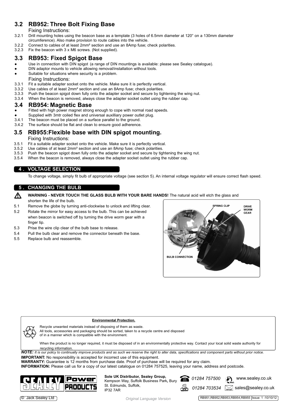 2 rb952, Three bolt fixing base, 3 rb953: fixed spigot base | 4 rb954, Magnetic base, 5 rb955:flexible base with din spigot mounting | Sealey RB951 User Manual | Page 2 / 3