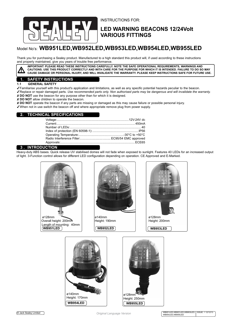 Sealey WB951LED User Manual | 2 pages