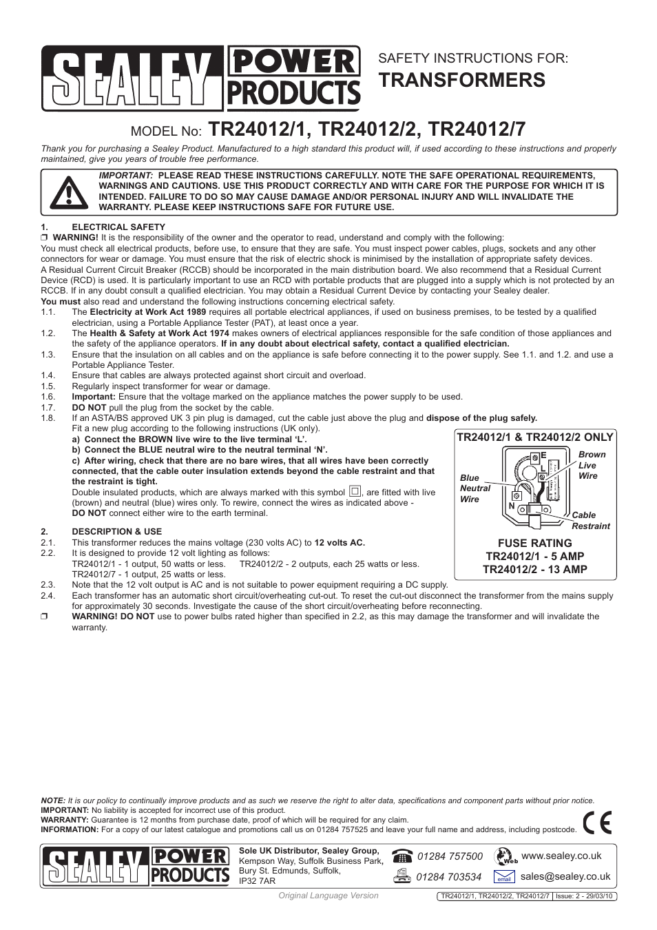 Sealey TR24012/1 User Manual | 1 page