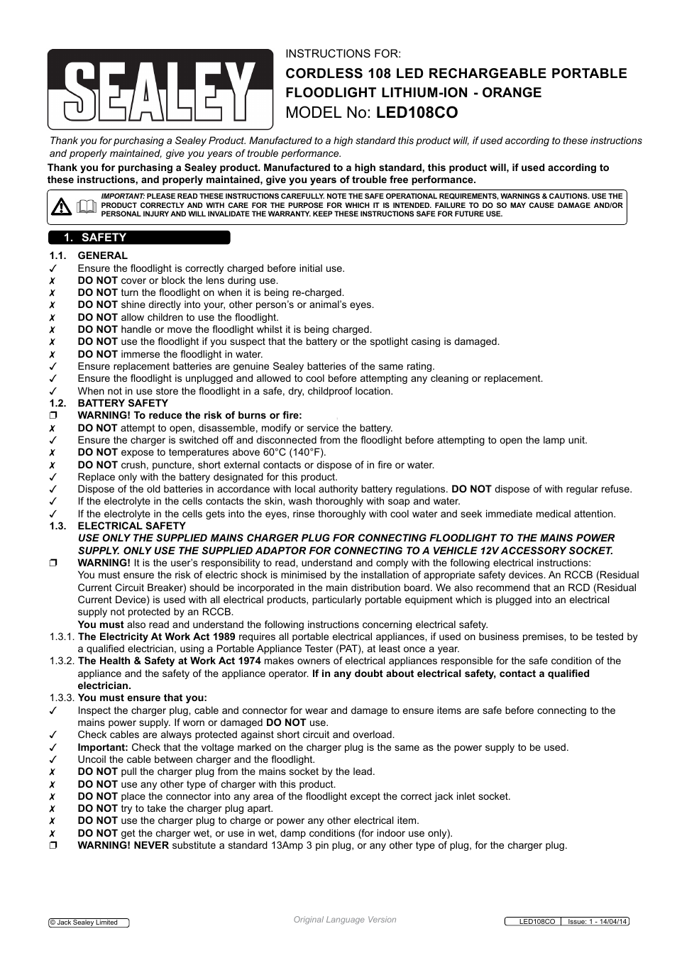 Sealey LED108CO User Manual | 3 pages