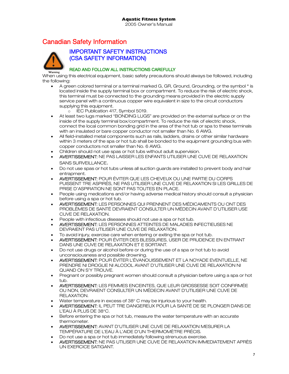 Canadian safety information, Read and follow all instructions carefully | Dimension One Spas 01513-192 User Manual | Page 11 / 48