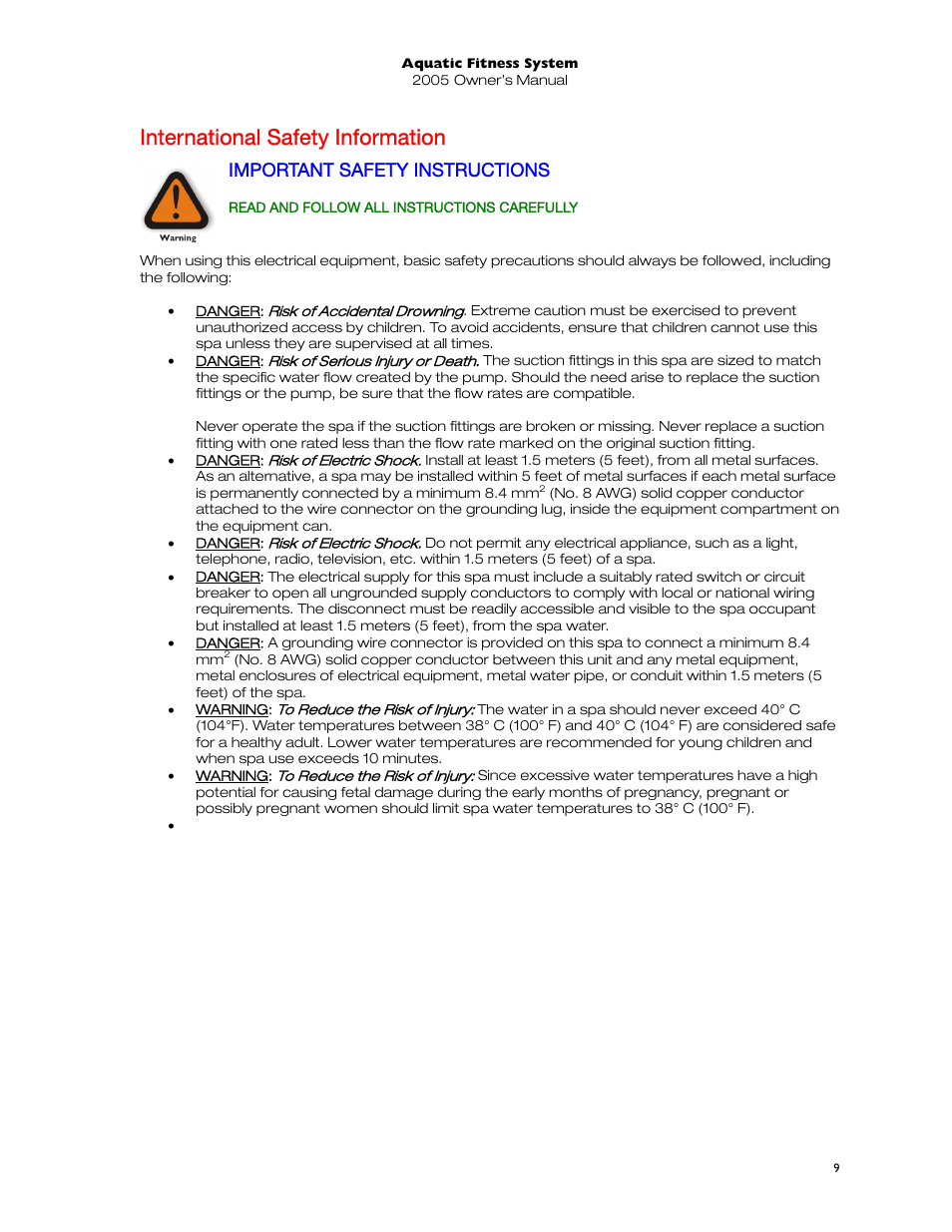 International safety information, Important safety instructions, Read and follow all instructions carefully | Dimension One Spas 01513-192 User Manual | Page 13 / 48