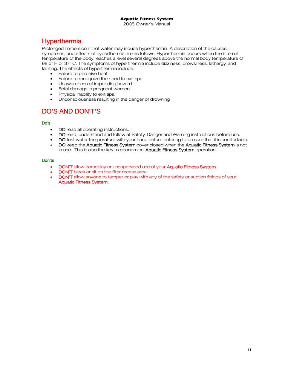 Hyperthermia, Do’s and don’t’s, Do’s | Don’ts | Dimension One Spas 01513-192 User Manual | Page 15 / 48