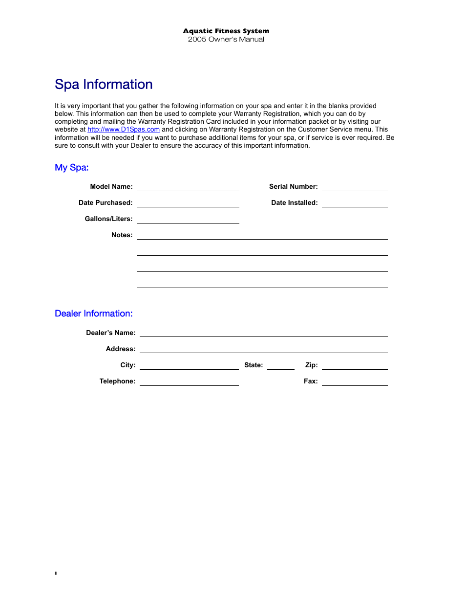 Spa information, My spa, Dealer information | Dimension One Spas 01513-192 User Manual | Page 2 / 48