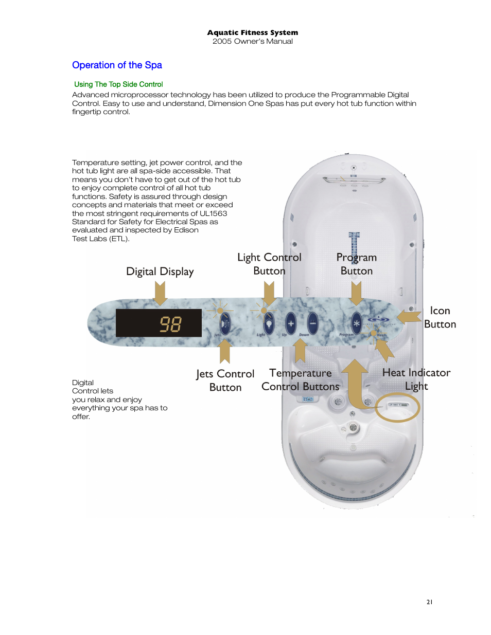 Operation of the spa, Using the top side control | Dimension One Spas 01513-192 User Manual | Page 25 / 48