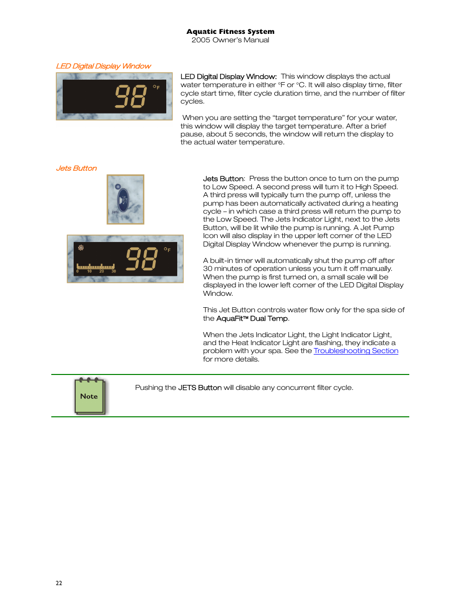 Led digital display window, Jets button | Dimension One Spas 01513-192 User Manual | Page 26 / 48