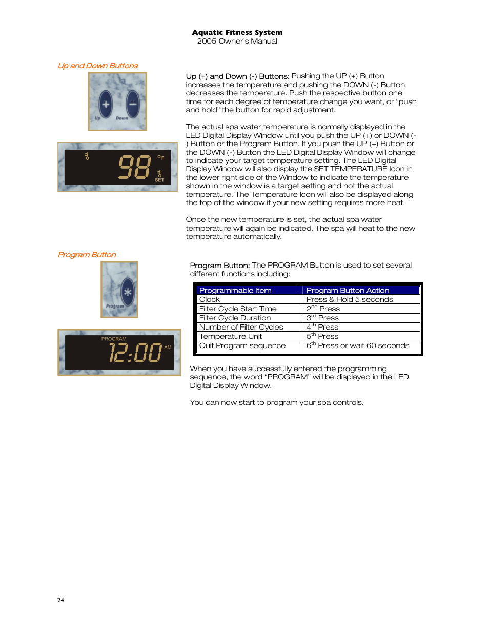 Up and down buttons, Program button | Dimension One Spas 01513-192 User Manual | Page 28 / 48