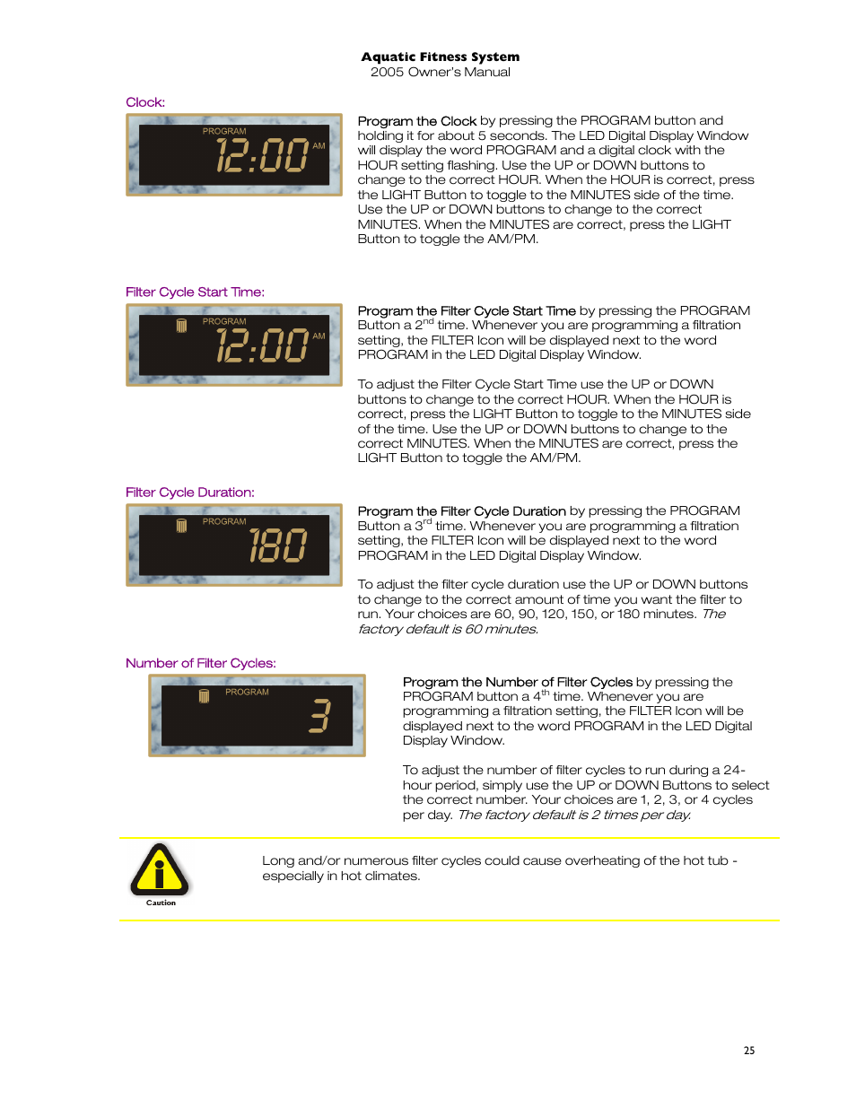 Clock, Filter cycle start time, Filter cycle duration | Number of filter cycles | Dimension One Spas 01513-192 User Manual | Page 29 / 48