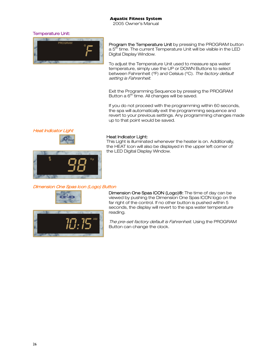 Temperature unit, Heat indicator light, Dimension one spas icon (logo) button | Heat indicator ligh | Dimension One Spas 01513-192 User Manual | Page 30 / 48