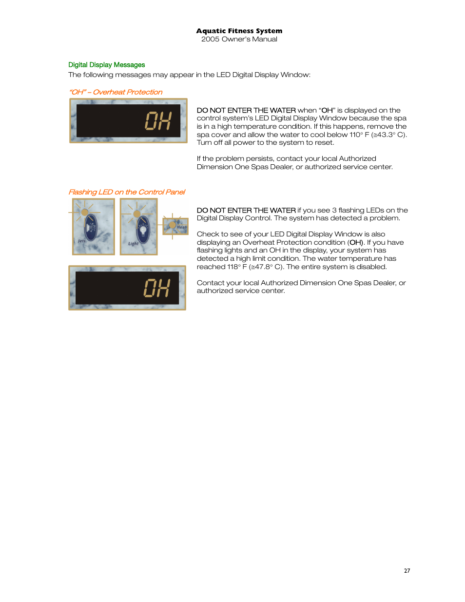 Digital display messages, Oh” – overheat protection, Flashing led on the control panel | Dimension One Spas 01513-192 User Manual | Page 31 / 48