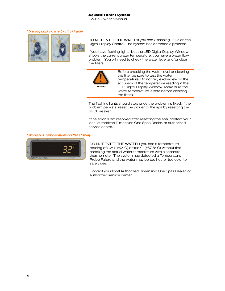 Flashing led on the control panel, Erroneous temperature on the display | Dimension One Spas 01513-192 User Manual | Page 32 / 48