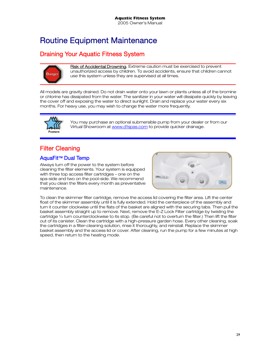 Routine equipment maintenance, Draining your aquatic fitness system, Filter cleaning | Aquafit( dual temp, Aquafit™ dual temp | Dimension One Spas 01513-192 User Manual | Page 33 / 48