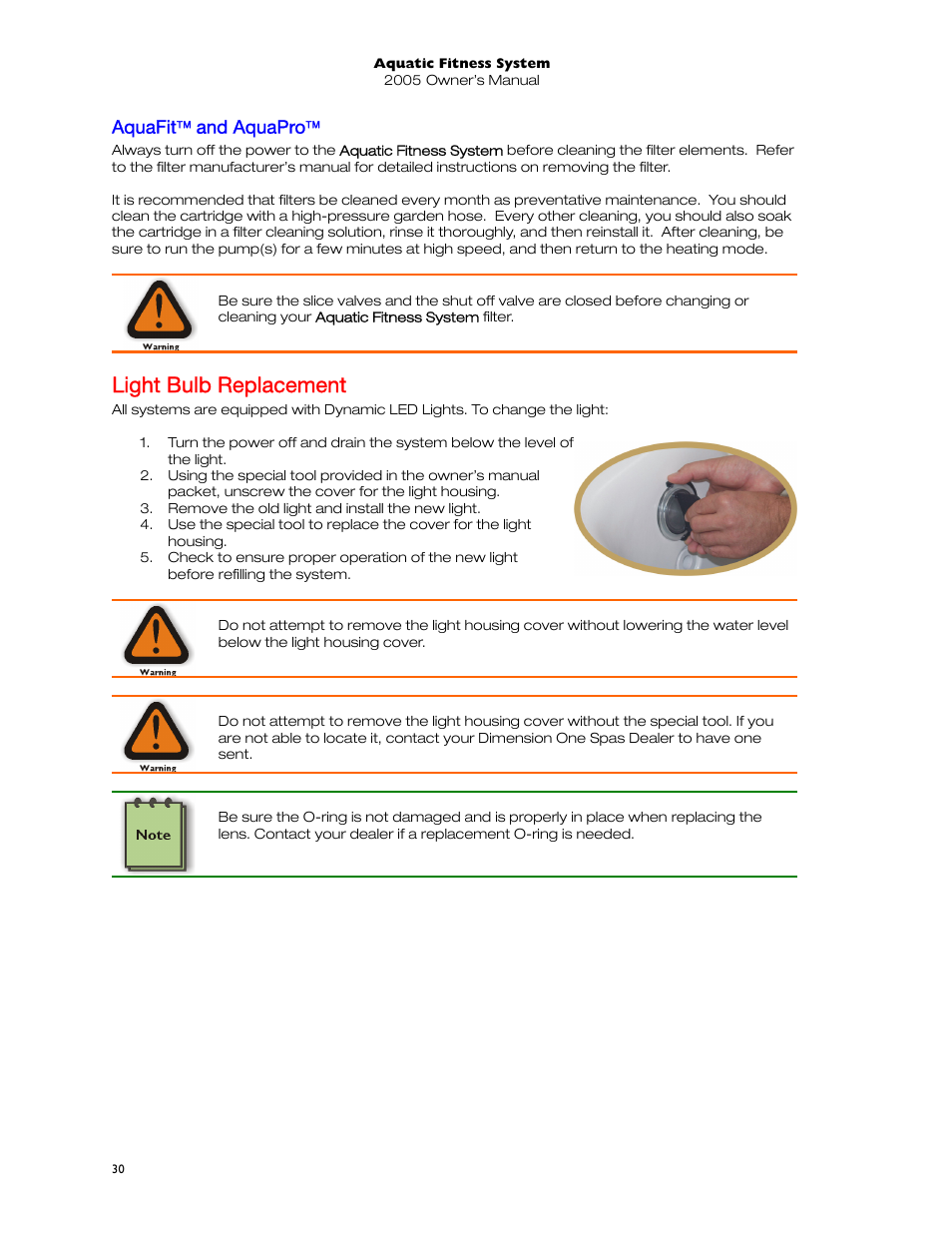 Aquafit( and aquapro, Light bulb replacement, Aquafit™ and aquapro | Dimension One Spas 01513-192 User Manual | Page 34 / 48