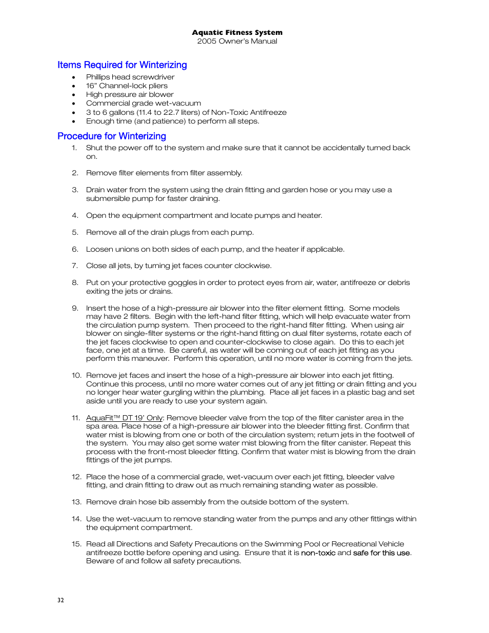 Items required for winterizing, Procedure for winterizing, Items required for win erizing | P ocedure for winterizing | Dimension One Spas 01513-192 User Manual | Page 36 / 48