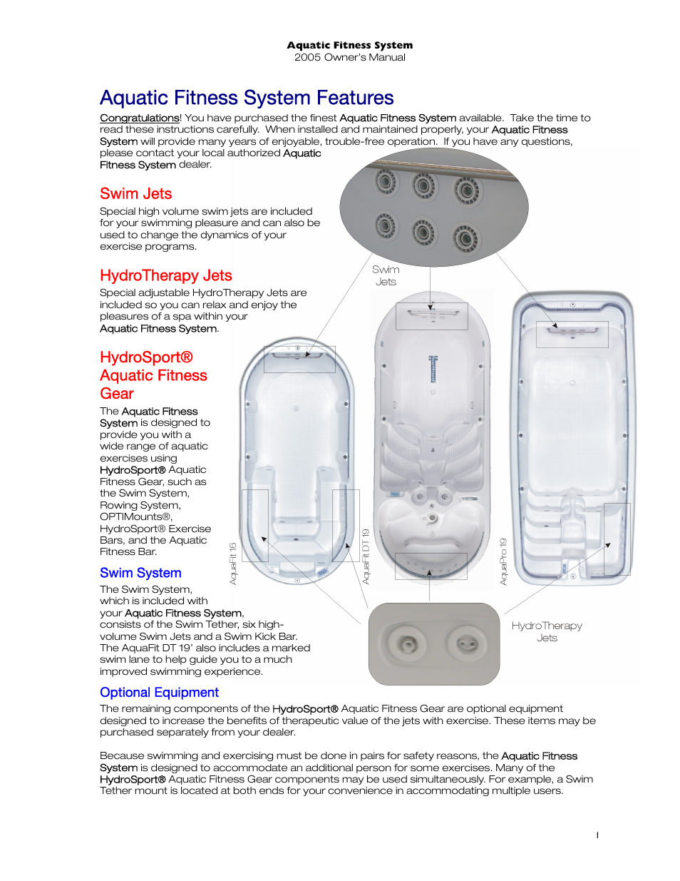 Aquatic fitness system features, Swim jets, Hydrotherapy jets | Hydrosport® aquatic fitness gear, Swim system, Optional equipment | Dimension One Spas 01513-192 User Manual | Page 5 / 48