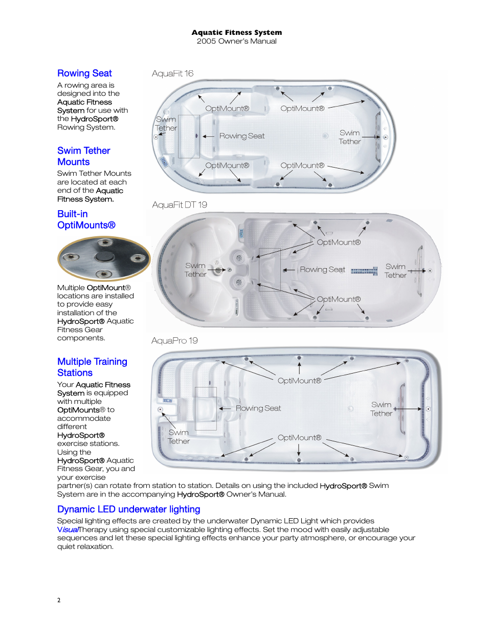 Rowing seat, Swim tether mounts, Built-in optimounts | Multiple training stations, Dynamic led underwater lighting | Dimension One Spas 01513-192 User Manual | Page 6 / 48