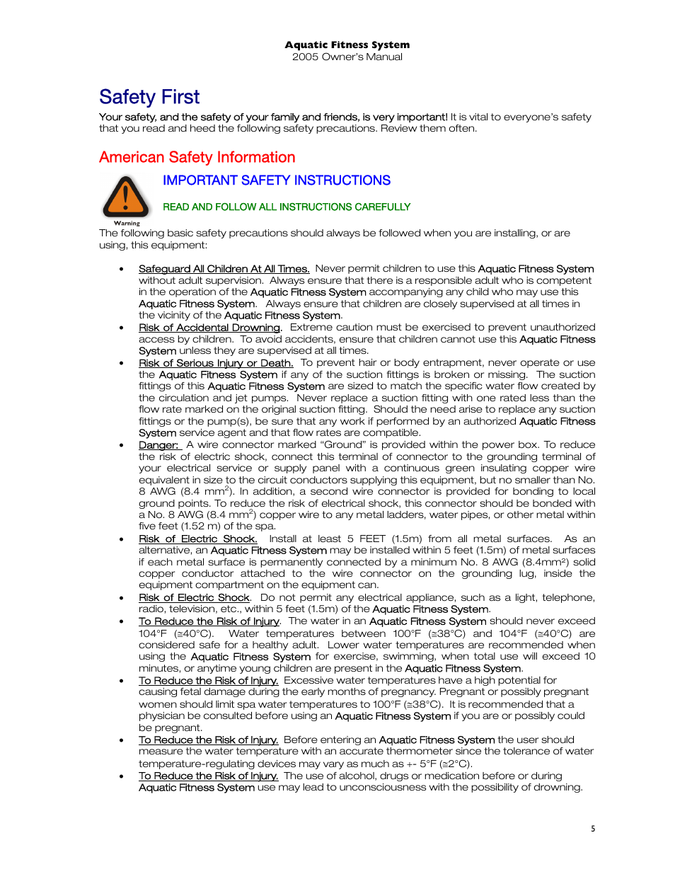 Safety first, American safety information, Important safety instructions | Read and follow all instructions carefully | Dimension One Spas 01513-192 User Manual | Page 9 / 48
