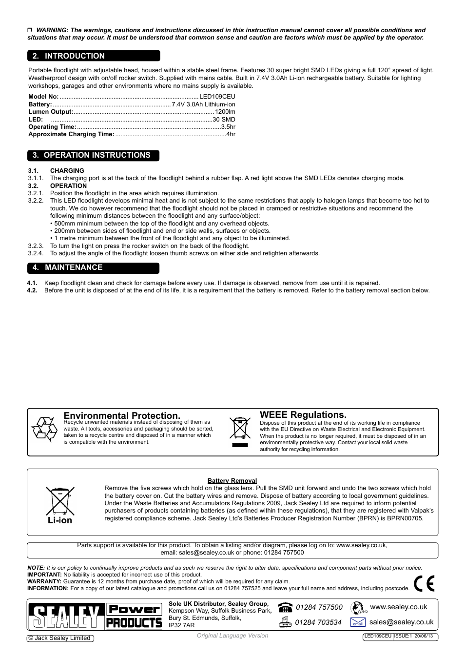 Environmental protection, Weee regulations, Maintenance 3. operation instructions | Introduction | Sealey LED109CEU User Manual | Page 2 / 2