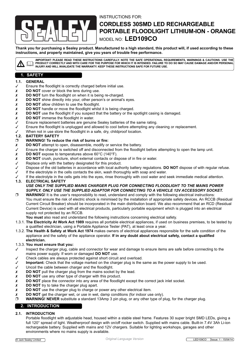Sealey LED109CO User Manual | 3 pages