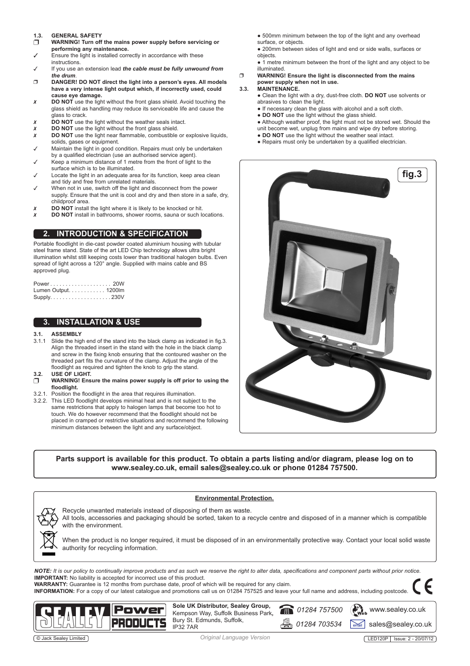 Fig.3, Installation & use 2. introduction & specification | Sealey LED120P User Manual | Page 2 / 2