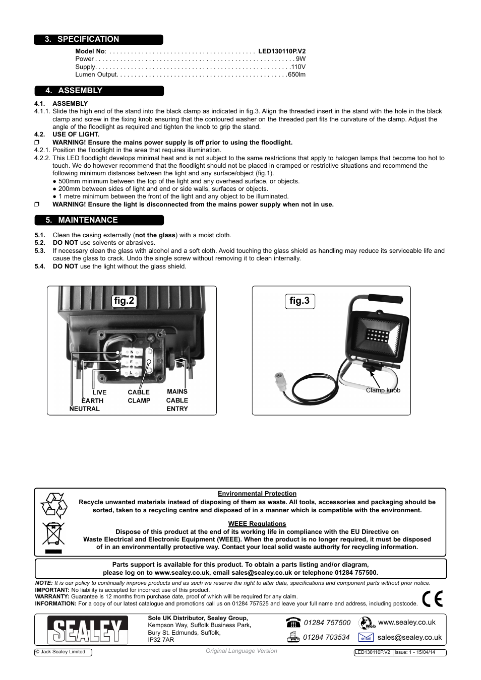 Fig.2, Fig.3, Specification 4. assembly 5. maintenance | Sealey LED130110P User Manual | Page 2 / 2