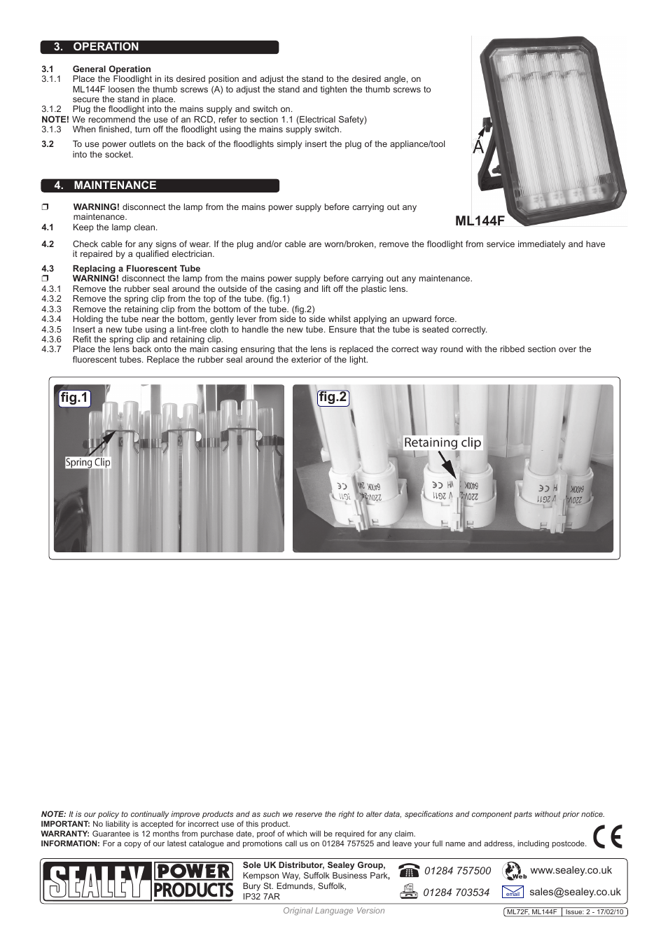 Fig.2 fig.1, Ml144f, Maintenance | Operation | Sealey ML144F User Manual | Page 2 / 2
