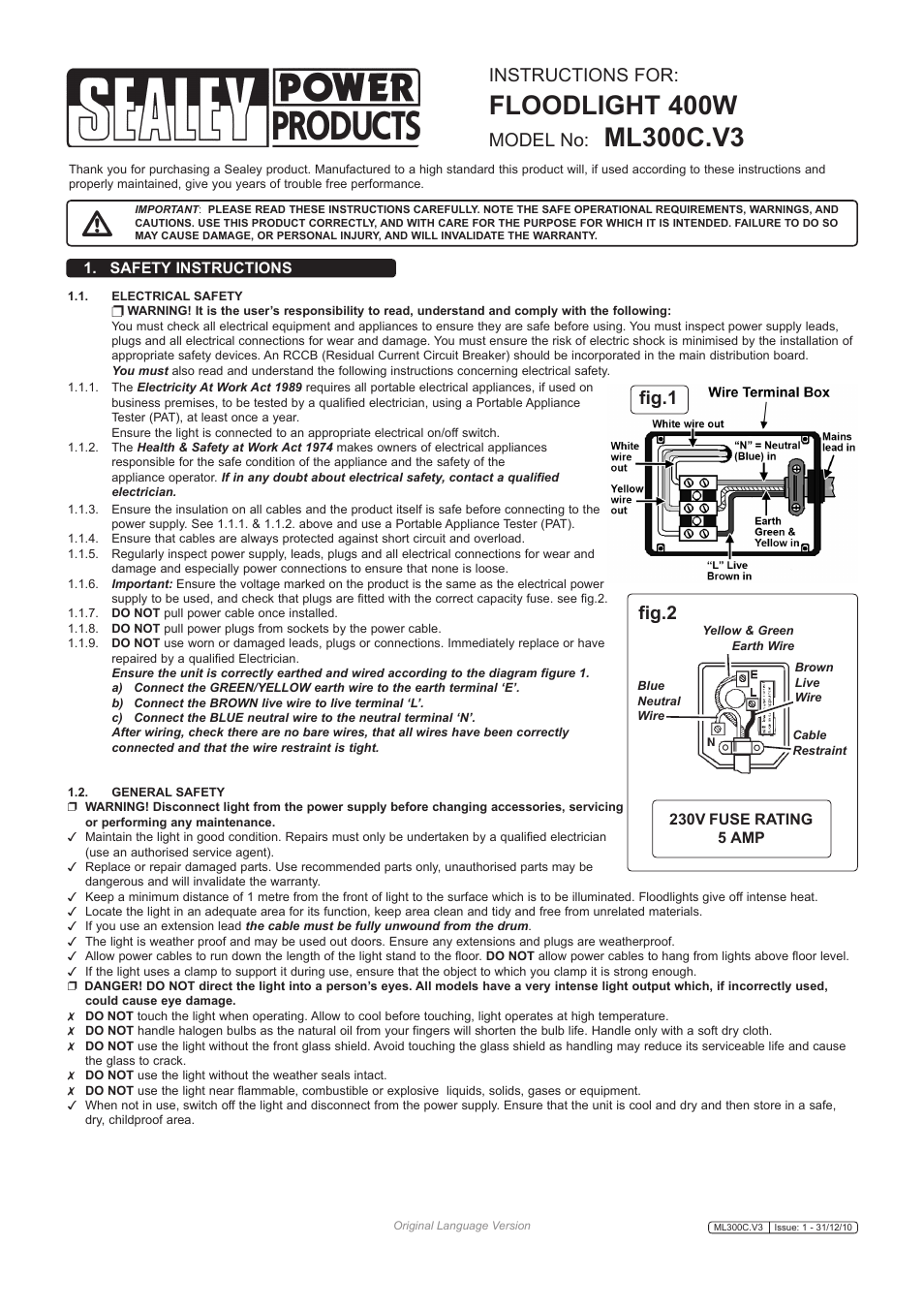 Sealey ML300C User Manual | 2 pages
