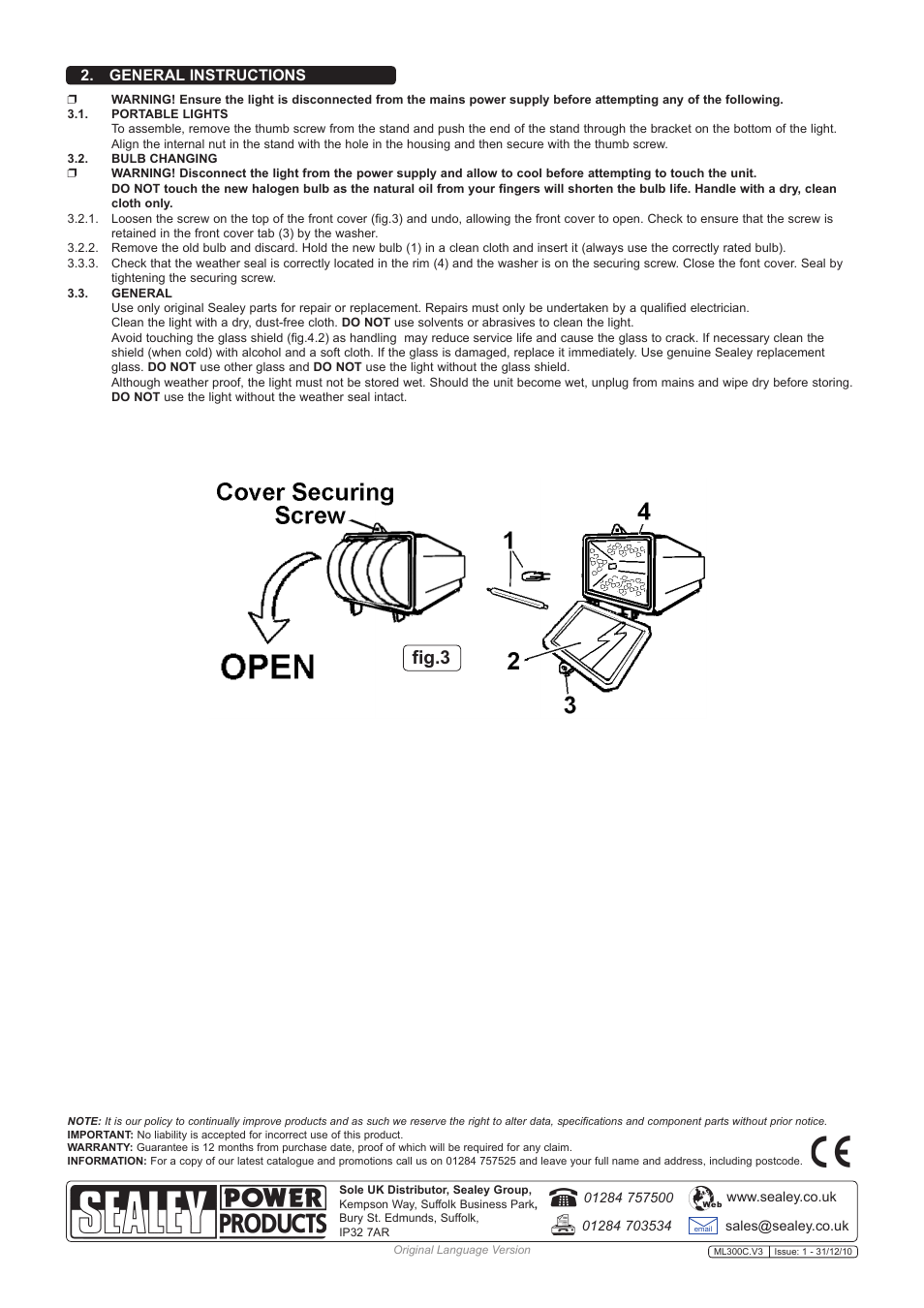 Fig.3, General instructions | Sealey ML300C User Manual | Page 2 / 2