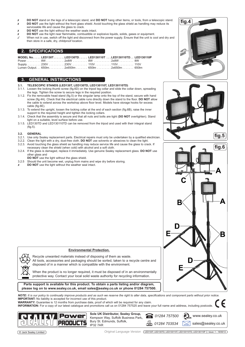 Fig.4 fig.5 fig.6, General instructions, Specifications | Sealey LED130110T User Manual | Page 2 / 2