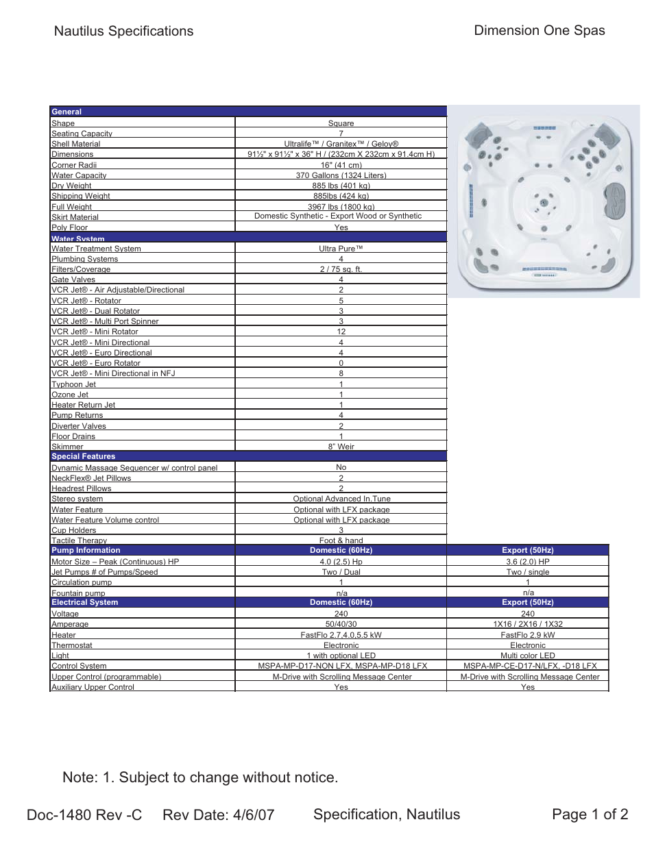 Dimension One Spas Nautilus User Manual | 2 pages