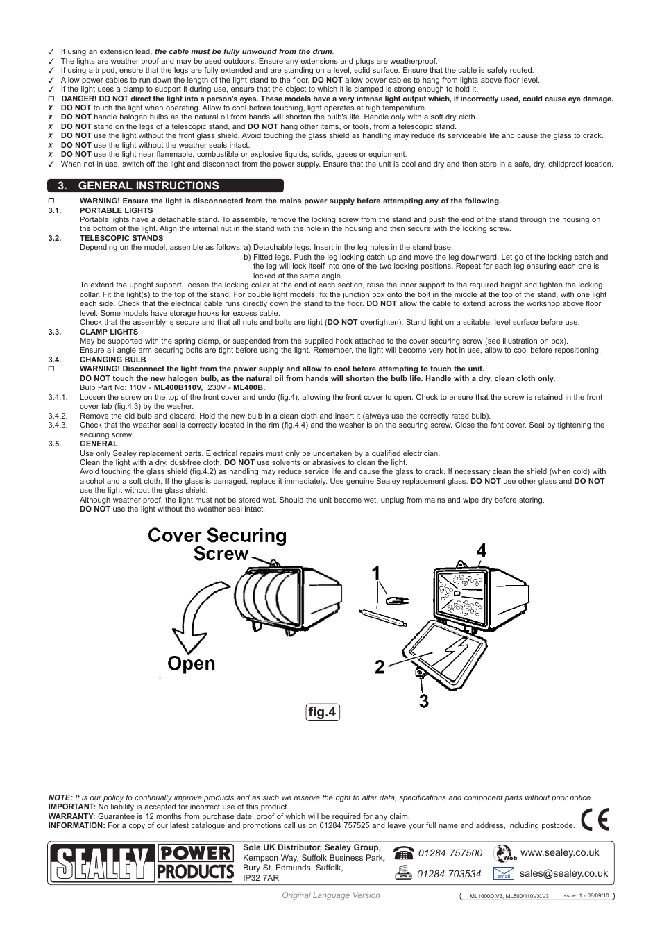 Fig.4, General instructions | Sealey ML1000D User Manual | Page 2 / 2