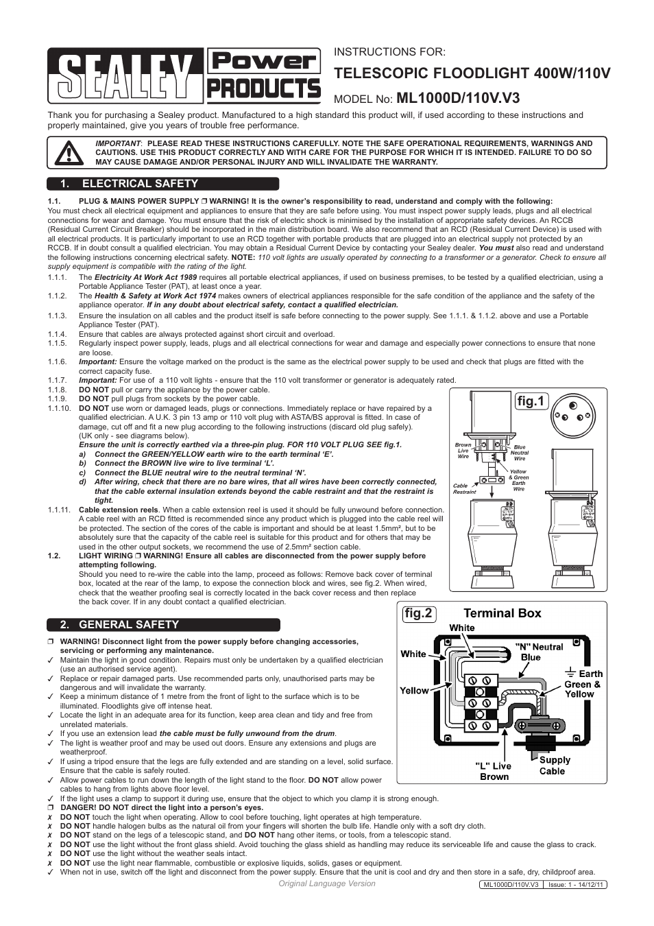 Sealey ML1000D/110V User Manual | 2 pages