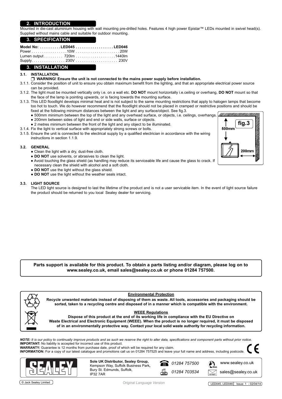 Fig.3, Introduction 3. specification 3. installation | Sealey LED045 User Manual | Page 2 / 2
