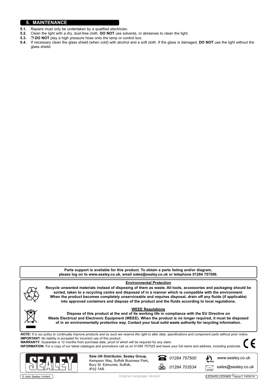 Maintenance | Sealey LED045S User Manual | Page 3 / 3