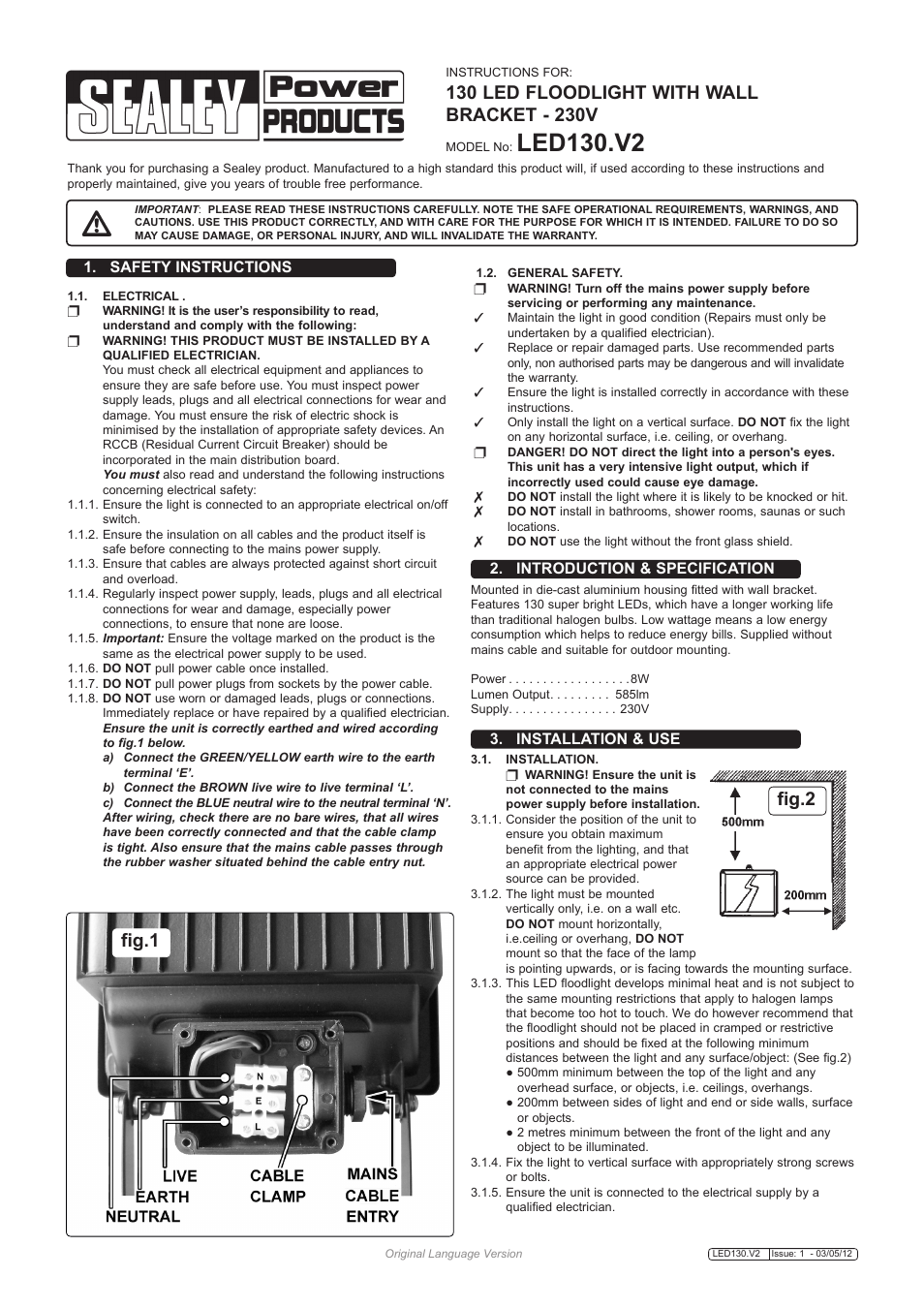 Sealey LED130 User Manual | 2 pages
