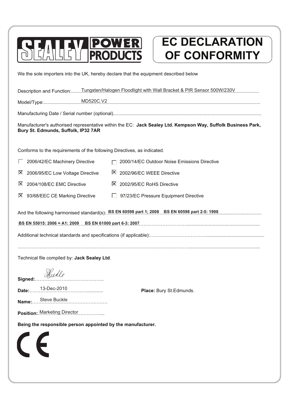 Ec declaration of conformity | Sealey MD520C User Manual | Page 3 / 3
