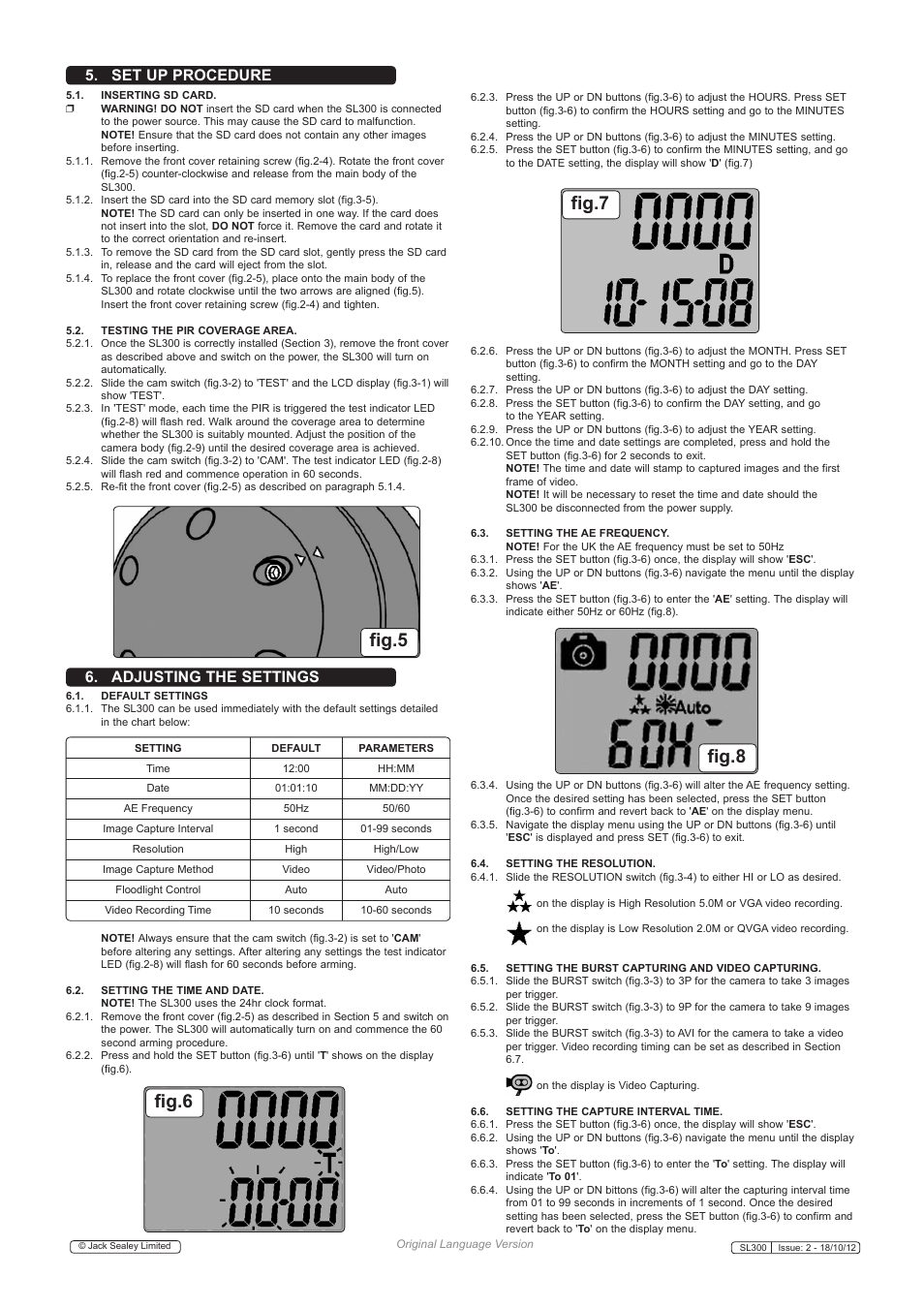Fig.5, Fig.6 fig.7, Fig.8 | Set up procedure, Adjusting the settings | Sealey SL300 User Manual | Page 3 / 4