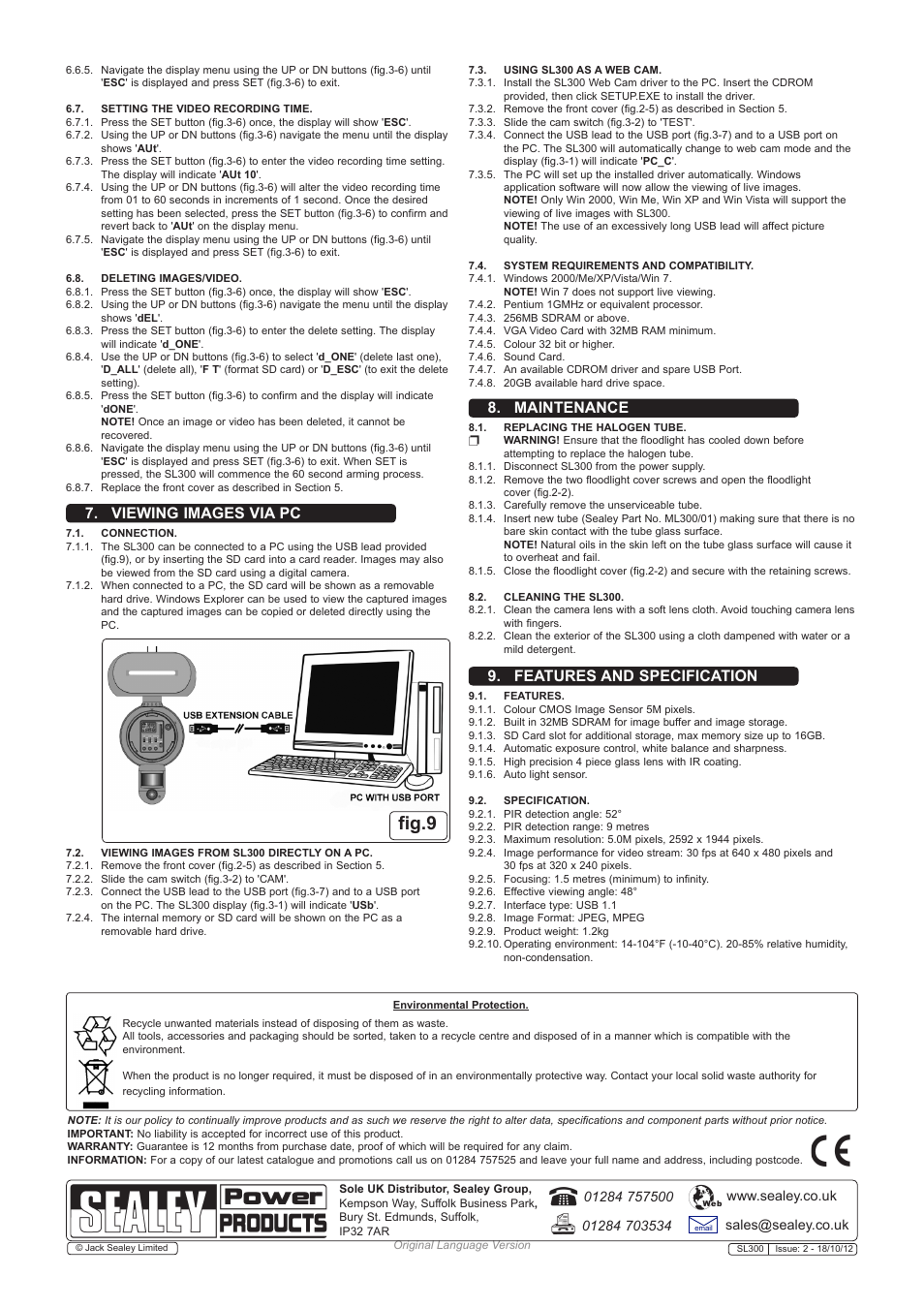 Fig.9, Viewing images via pc, Maintenance | Features and specification | Sealey SL300 User Manual | Page 4 / 4