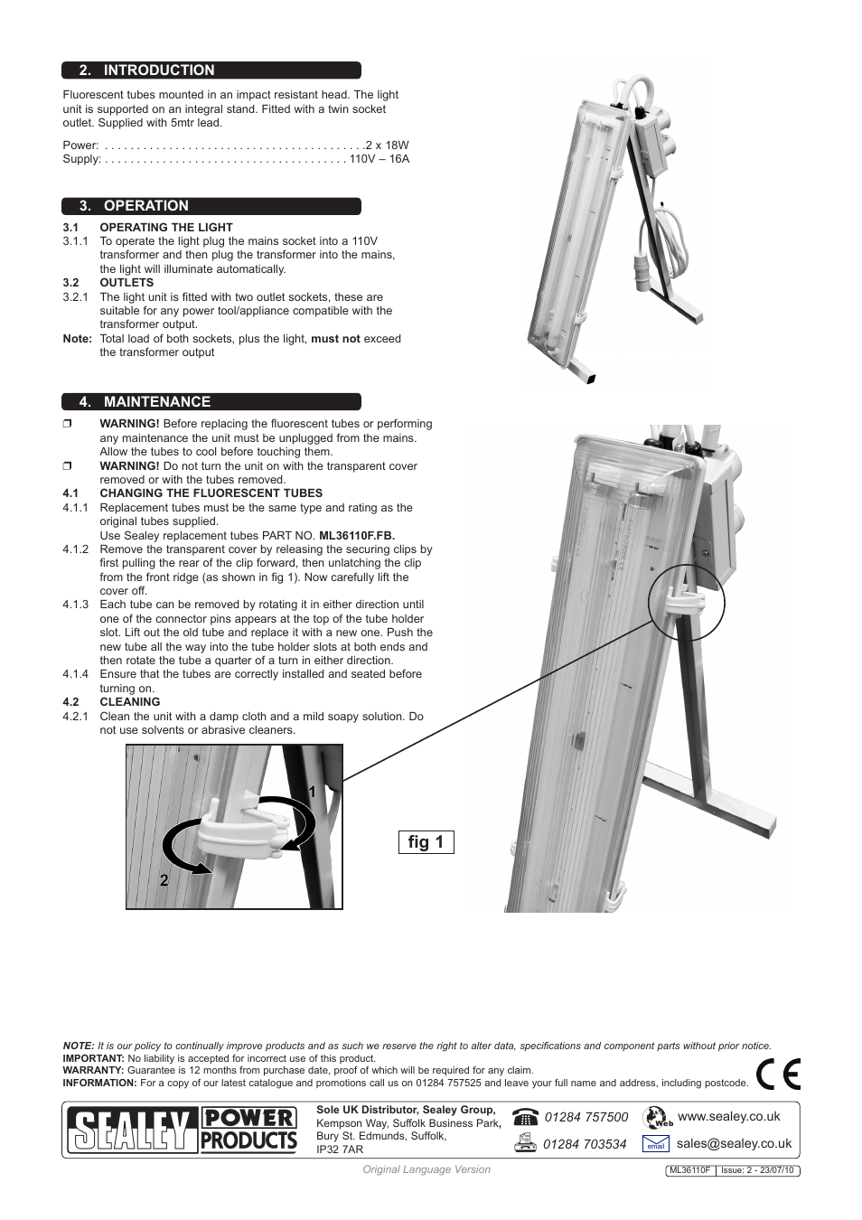 Fig 1, Introduction 4. maintenance 3. operation | Sealey ML36110F User Manual | Page 2 / 2