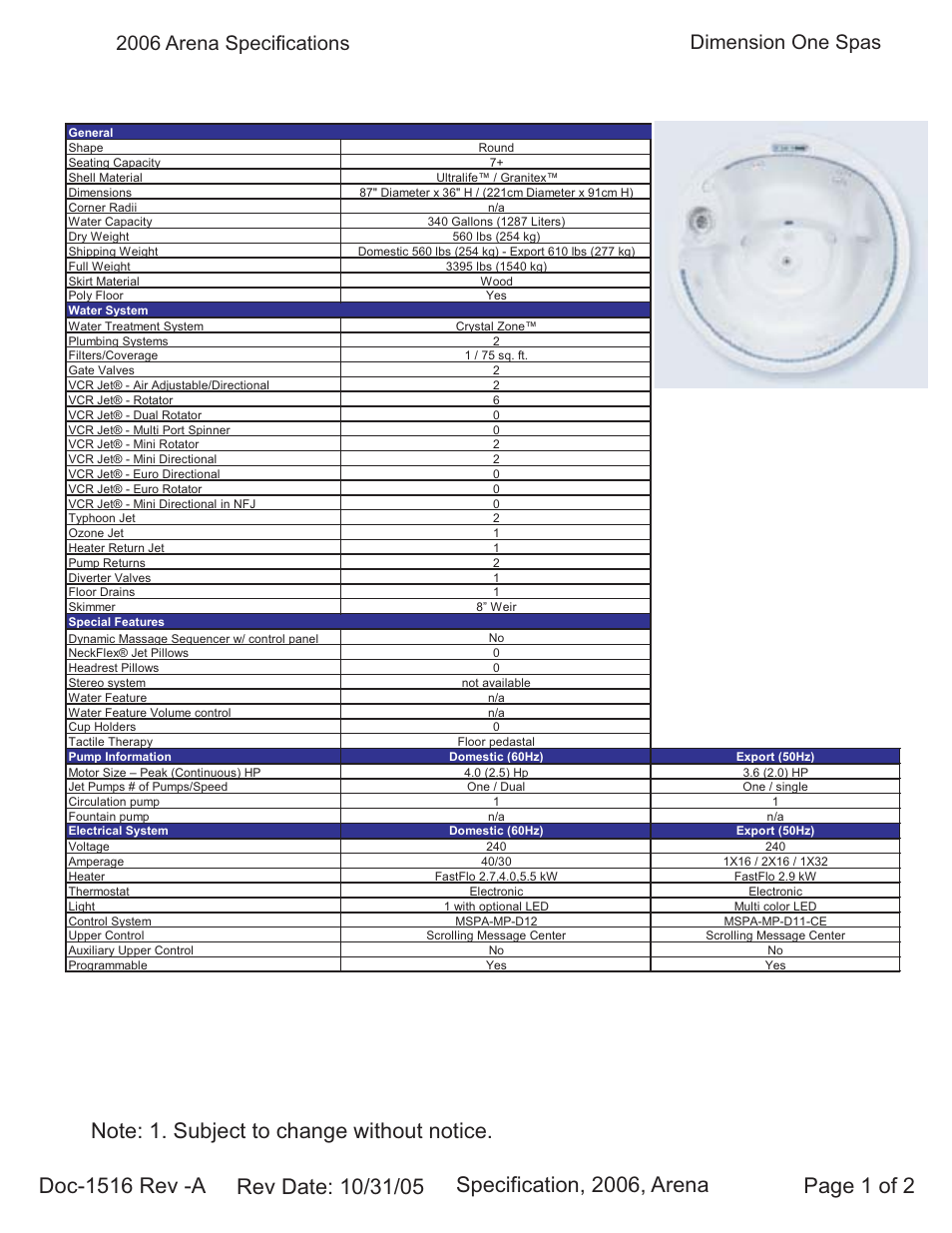 Dimension One Spas Arena User Manual | 2 pages