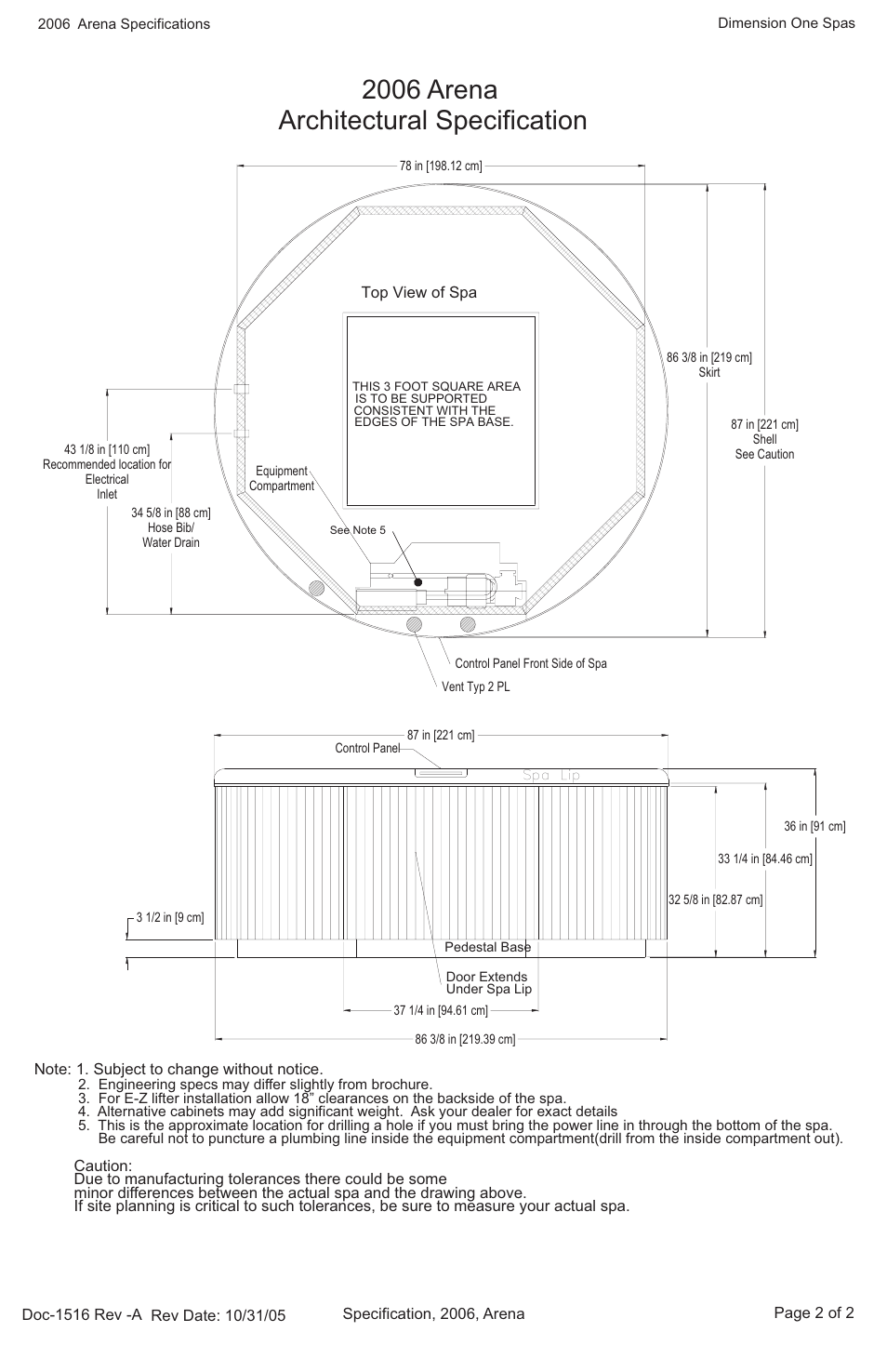 2006 arena, Architectural specification | Dimension One Spas Arena User Manual | Page 2 / 2