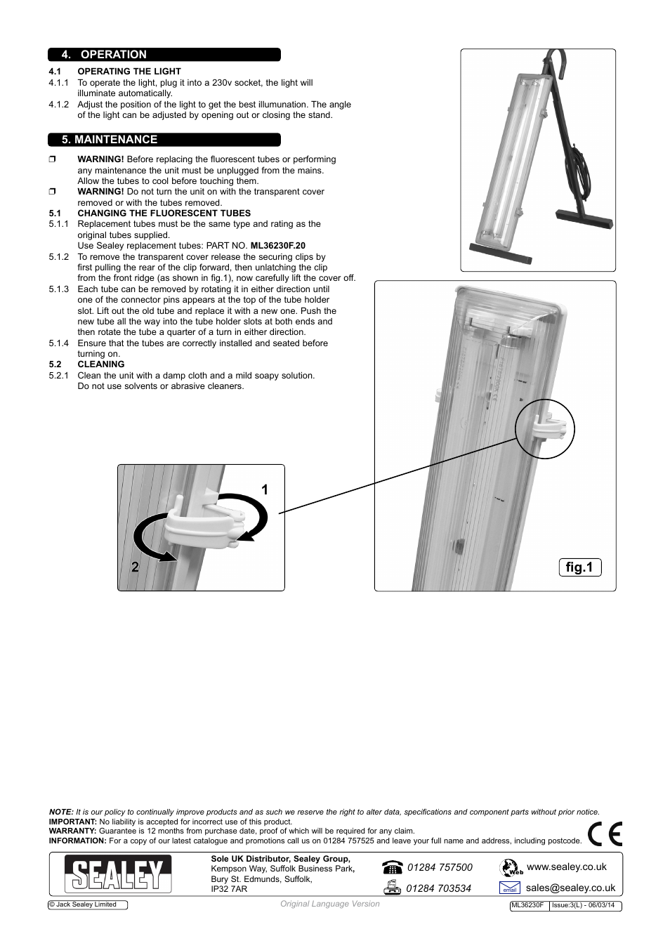 Fig.1, Maintenance 4. operation | Sealey ML36230F User Manual | Page 2 / 2
