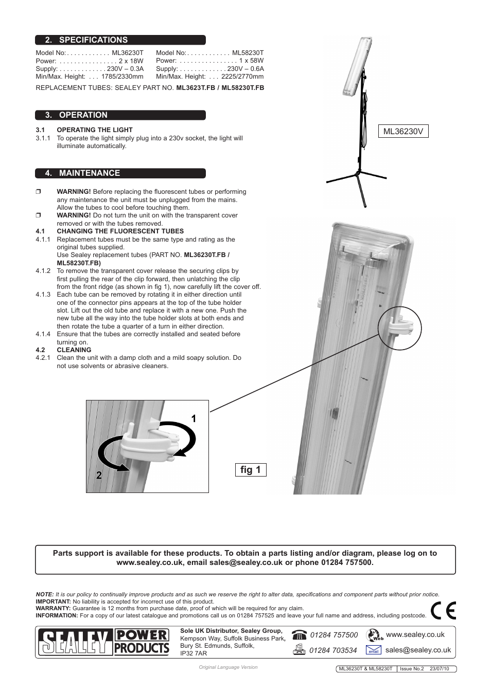 Fig 1, Maintenance 2. specifications 3. operation | Sealey ML36230T User Manual | Page 2 / 2