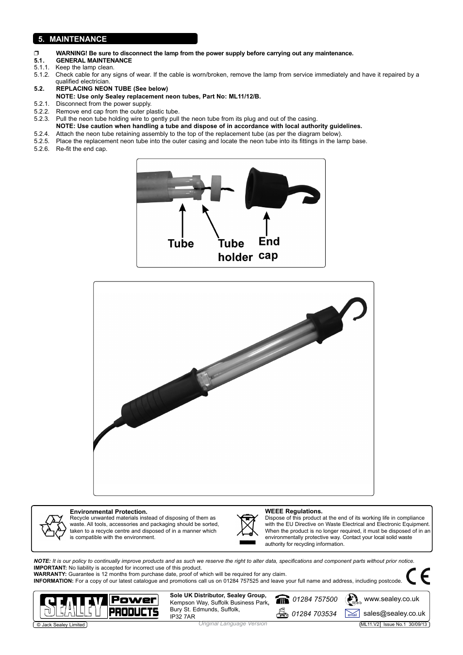 Maintenance | Sealey ML11 User Manual | Page 2 / 2