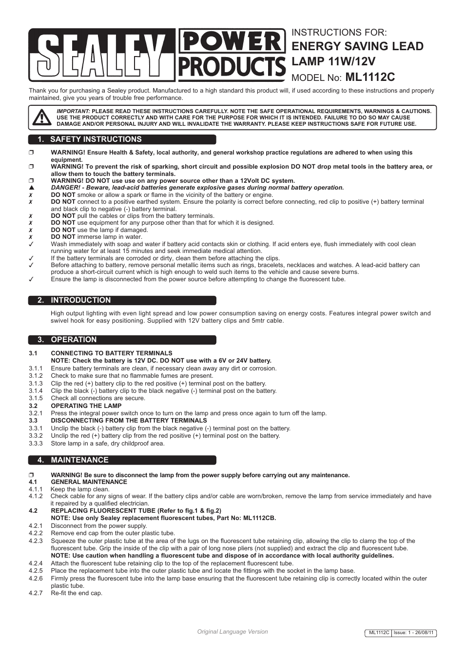 Sealey ML1112C User Manual | 2 pages