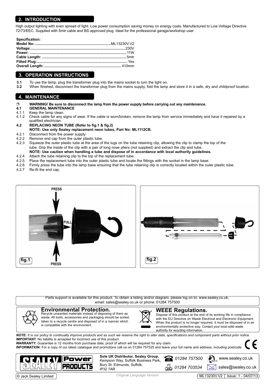 Environmental protection, Weee regulations | Sealey ML13230V User Manual | Page 2 / 2